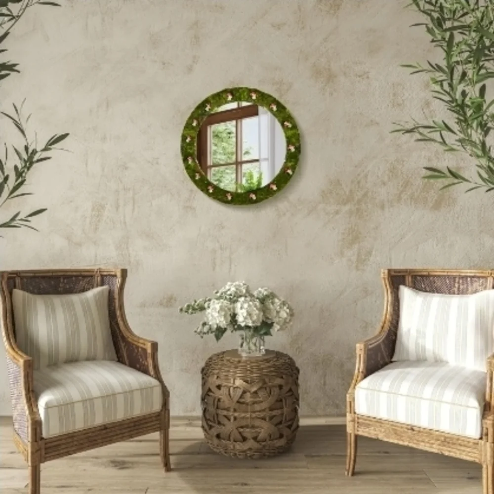 Green Floral With Red Mushrooms That Light Up Wall Mirror